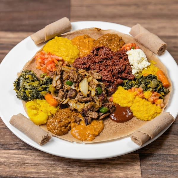 A large platter of Ethiopian food with injera bread, various stews, vegetables, and meats.