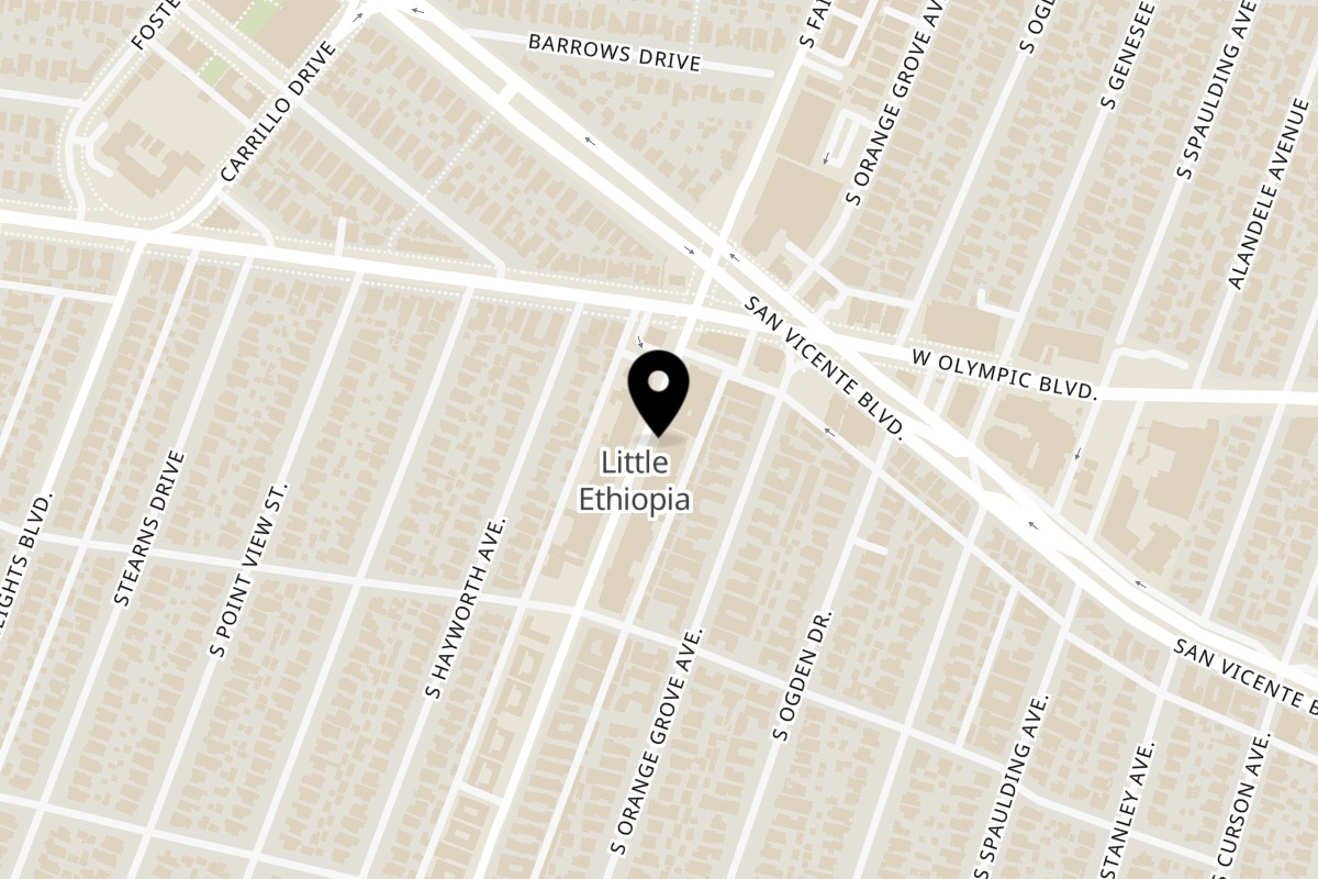 Map showing the location of Buna Ethiopian Restaurant & Market on 1034 S Fairfax Ave in Los Angeles